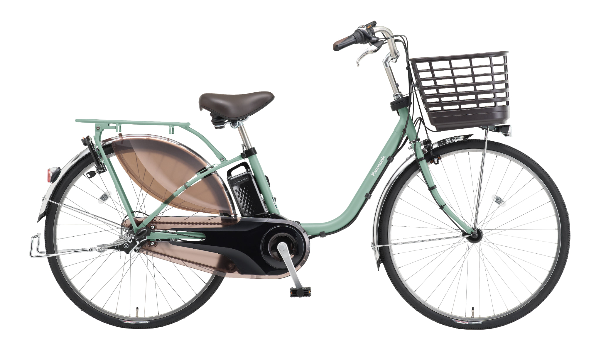 パナソニック電動アシスト自転車 シティタイプ モスグリーン色　バスケット付き パナソニック 25 ビビ・MX 26型 マットモスグリーン 電動