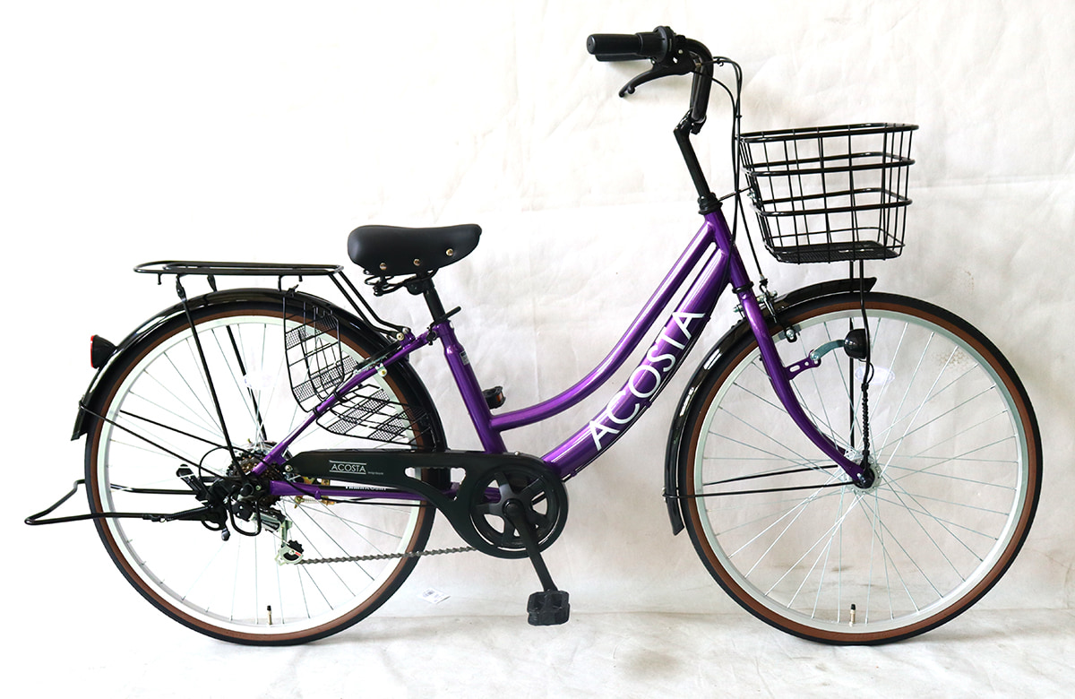 ママチャリ　26型　オートライト　カゴ　ペダル　身長140~175cm程度 玉越工業 アコスタ 26型 パープル 軽快車 ママチャリ オート
