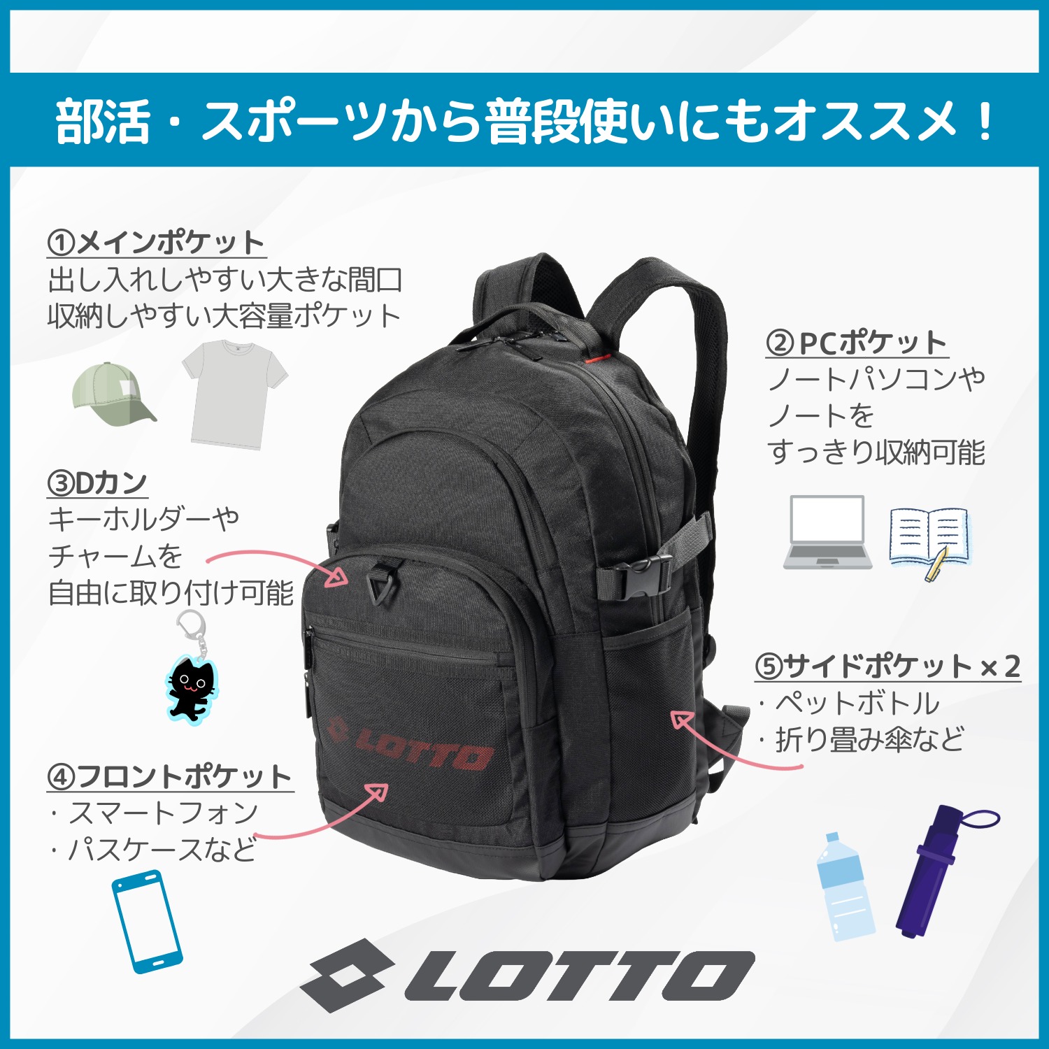 LOTTO ロット メッシュリュック ラウンドリュック ブラック(レッドロゴ