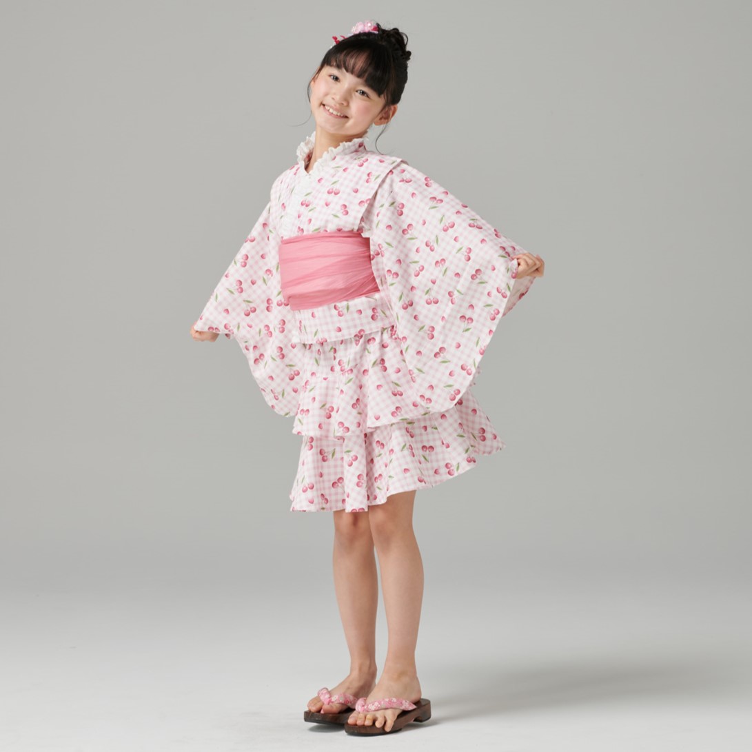 ♡ゆか　ハンドメイド　こども服♡ キッズ ゆかたドレス チェックさくらんぼ 100cm | 【公式