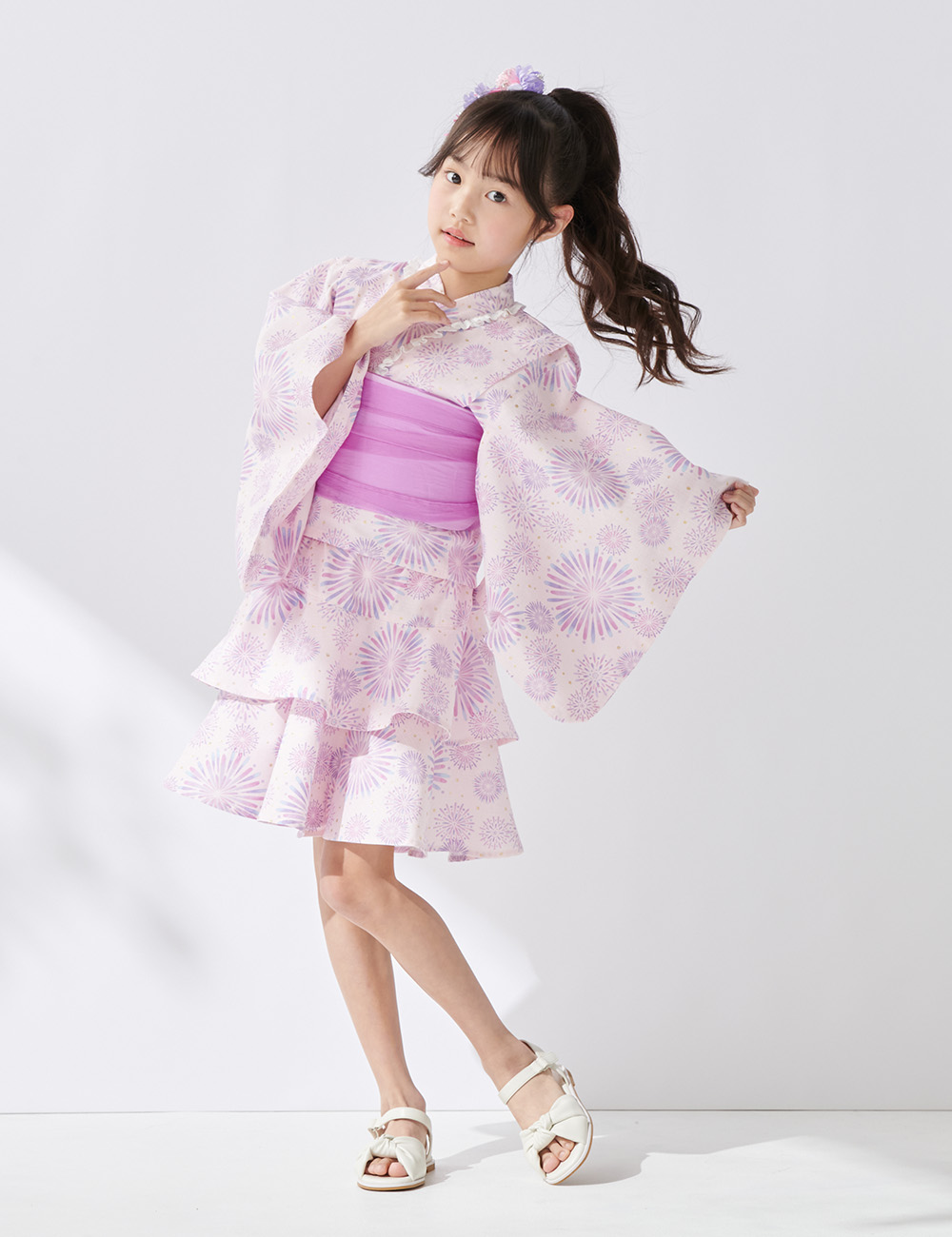 浴衣ドレス 水色 ピンク フリル 女児 キッズ】 女児浴衣ドレス ゆかた 花火柄とラメ 110 | 【公式】イオン