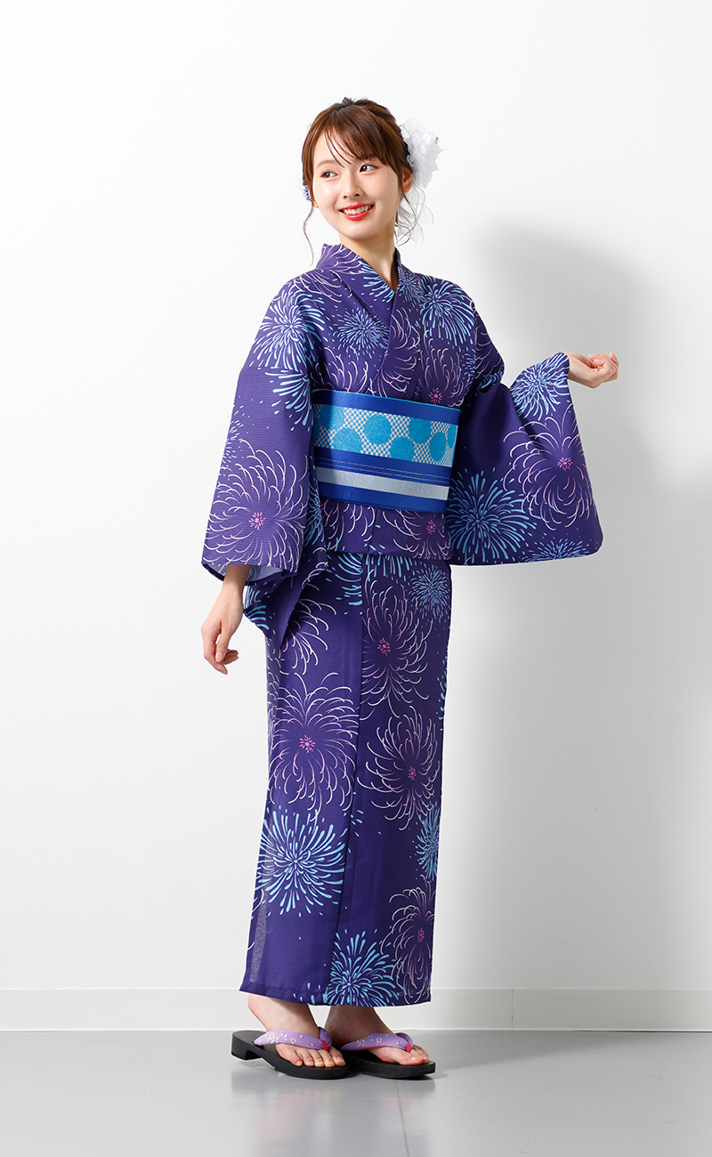 レディース】浴衣3点セット マシンウォッシャブル ゆかた 下駄 花火柄