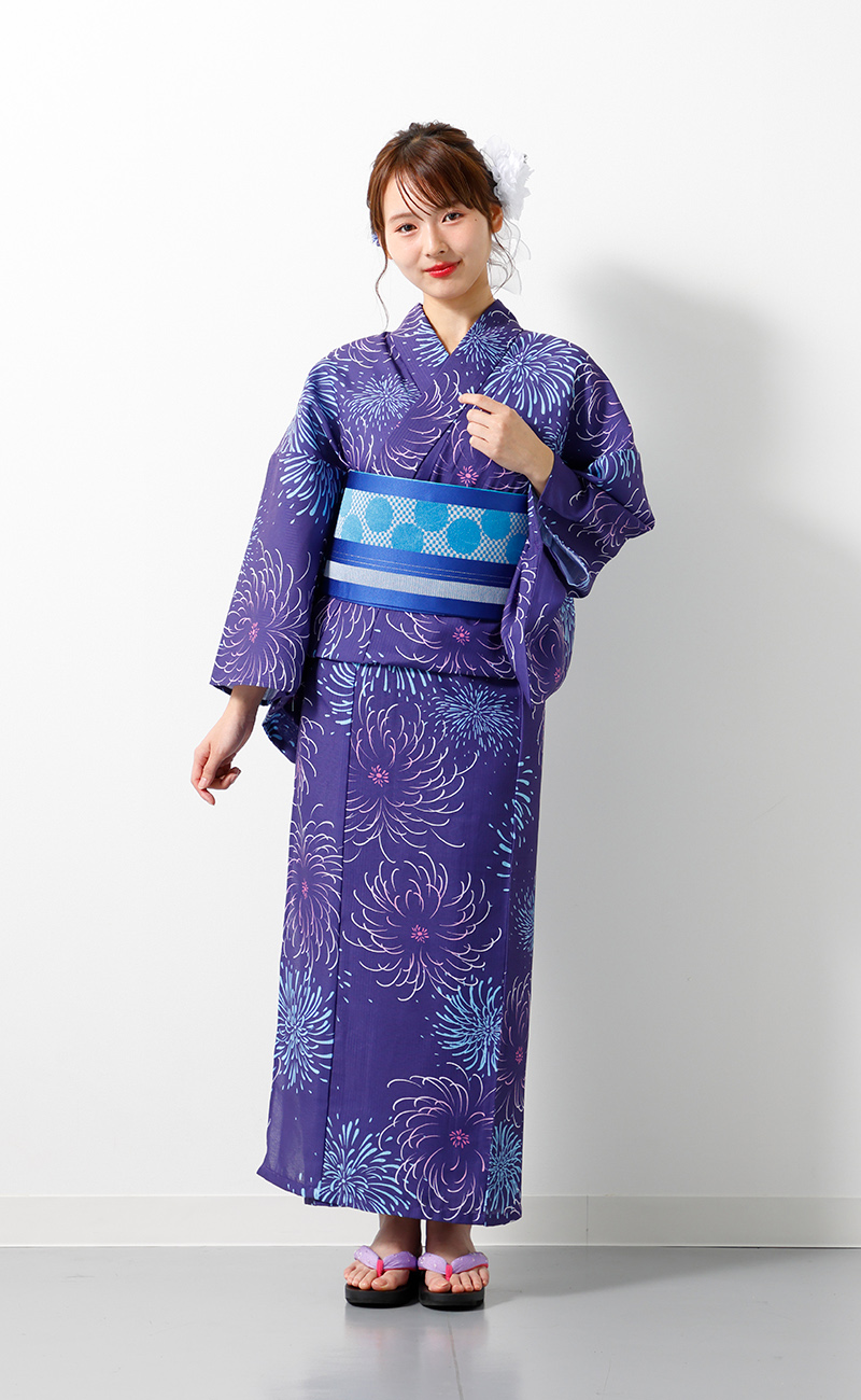 か*ー様 加賀染め浴衣 花火柄 紺 綿 レディース】浴衣3点セット マシンウォッシャブル ゆかた 下駄 花火柄
