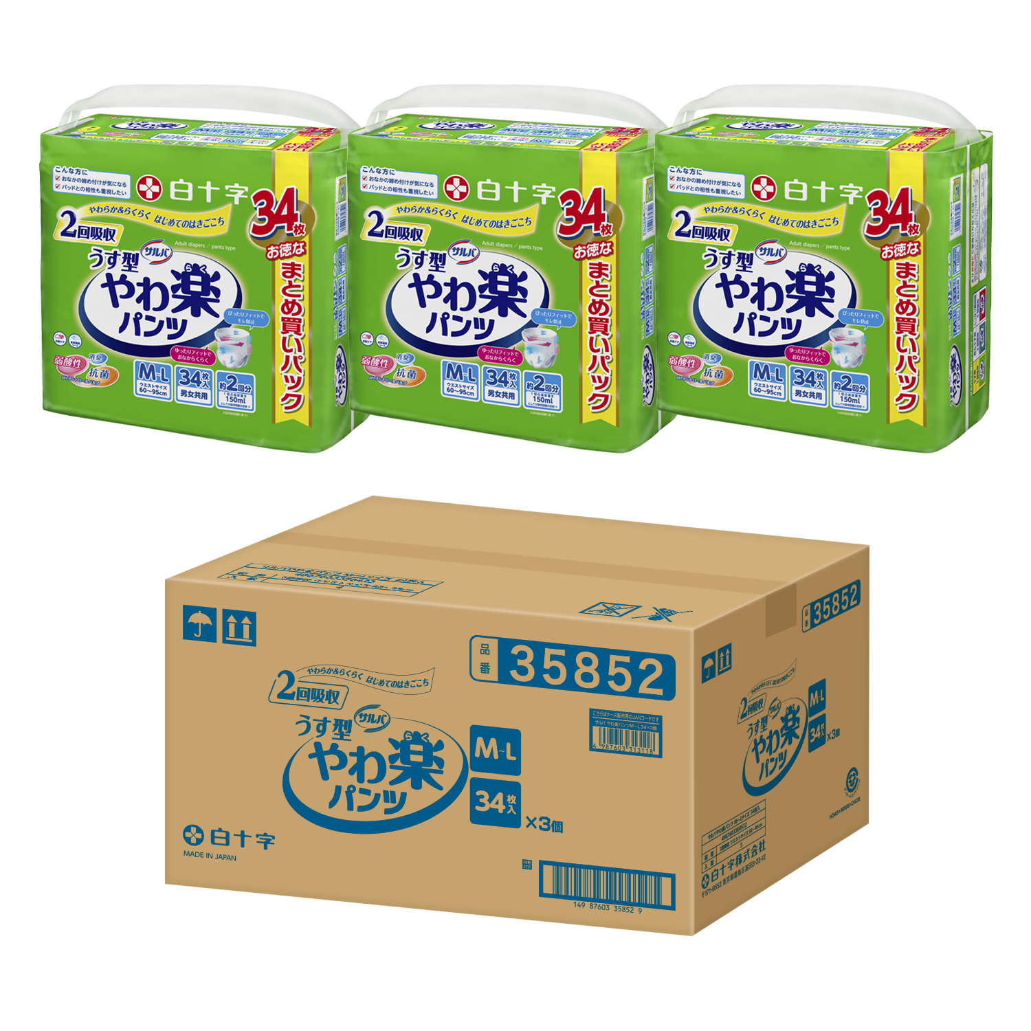 白十字 サルバ やわパンツ うす型 L-LL 1セット(88枚：22枚×4パック) 白十字 サルバ やわ楽パンツ L～LLサイズ 30枚 価格比較 - 価格.com