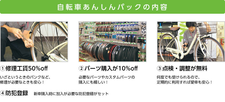 自転車あんしんパックの内容　(1)修理工賃50％off いざというときのパンクなど、修理が必要なときも安心！　(2)パーツ購入が10％off 必要なパーツやカスタムパーツの購入にも嬉しい！　(3)点検・調整が無料 何度でも受けられるので、定期的に利用すれば愛車も安心！　(4)防犯登録 新車購入時に加入が必要な防犯登録がセット　(5)【あんしんパックプレミアム型のみ】虫ゴム交換無料（英式バルブのみの対応）