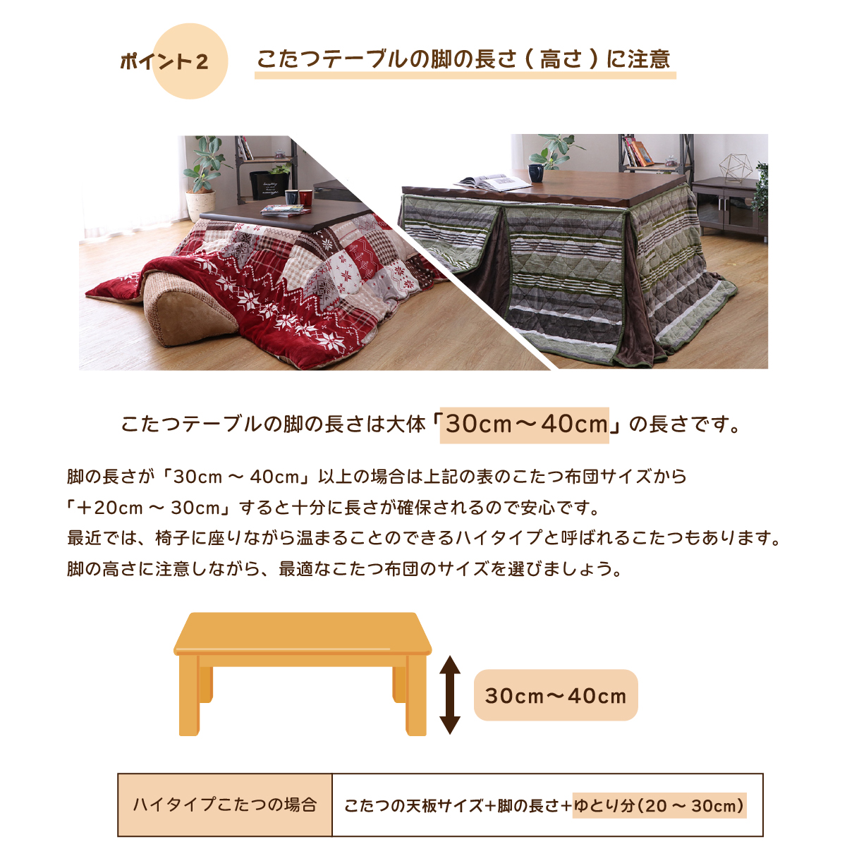 こたつの脚の長さ（高さ）に注意