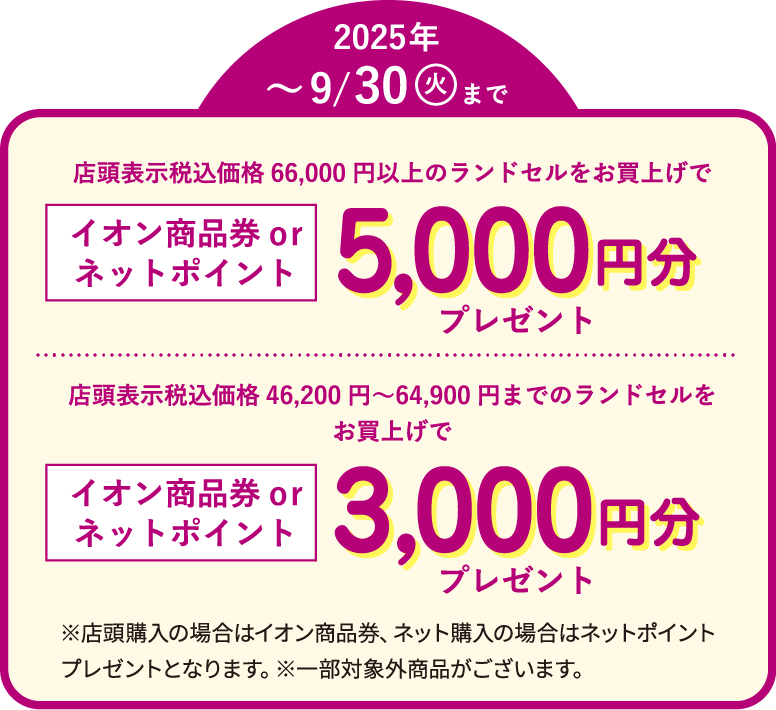 店頭表示税込価格66,000円以上のランドセルをお買上げでイオン商品券orネットポイント5,000円分プレゼント