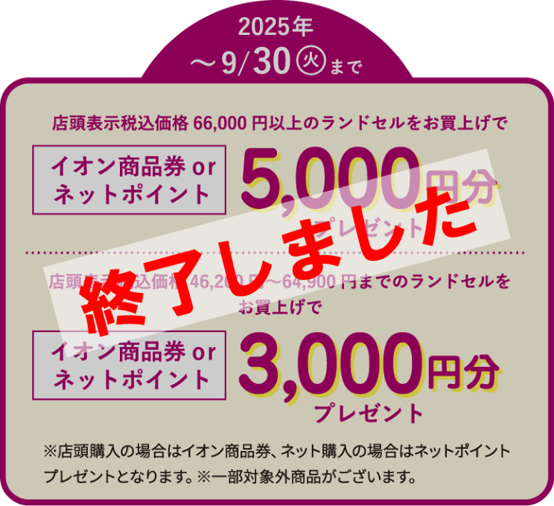 店頭表示税込価格66,000円以上のランドセルをお買上げでイオン商品券orネットポイント5,000円分プレゼント
