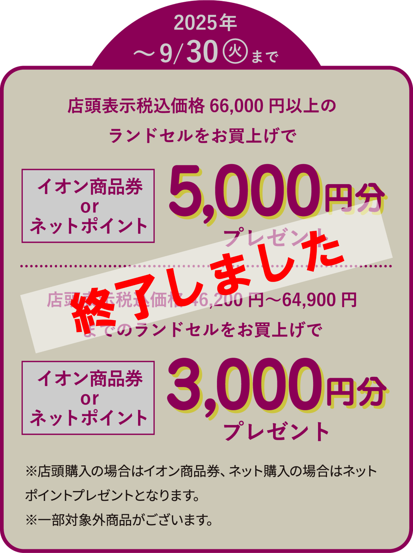 店頭表示税込価格66,000円以上のランドセルをお買上げでイオン商品券orネットポイント5,000円分プレゼント