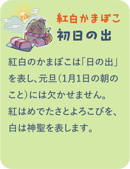 【紅白かまぼこ】初日の出／紅白のかまぼこは「日の出」を表し、元旦（1月1日の朝のこと）には欠かせません。紅はめでたさとよろこびを、白は神聖を表します。