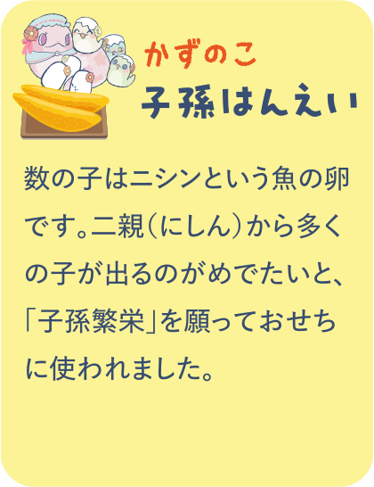 【かずのこ】子孫はんえい／数の子はニシンという魚の卵です。二親（にしん）から多くの子が出るのがめでたいと、「子孫繁栄」を願っておせちに使われました。