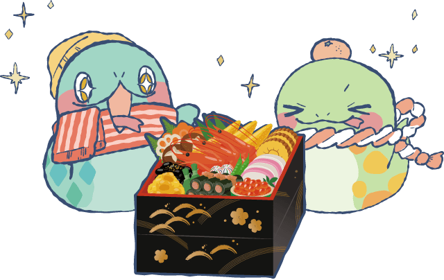ヘビとおせちのイラスト