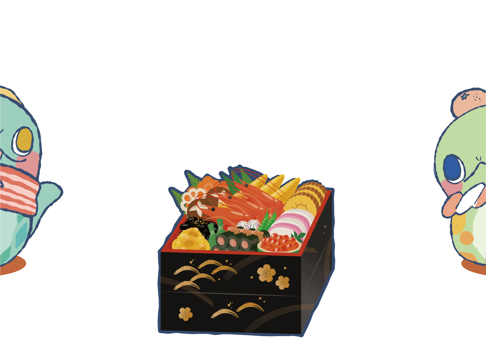 ヘビとおせちのイラスト