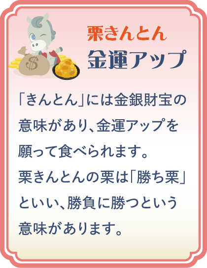 【栗きんとん】金運アップ／「きんとん」には金銀財宝の意味があり、金運アップを願って食べられます。栗きんとんの栗は「勝ち栗」といい、勝負に勝つという意味があります。